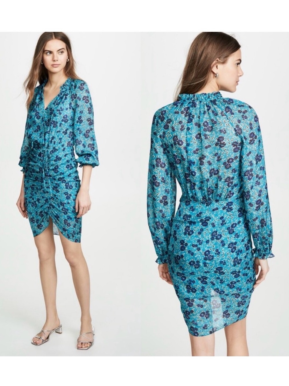 Veronica Beard Silk Teal Floral Ruched Long-Sleeve Dress - Small